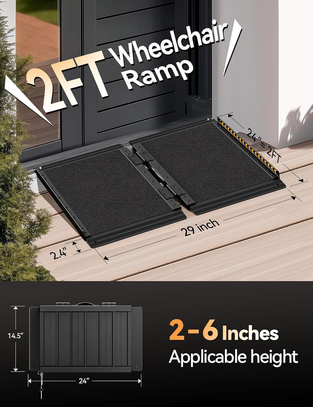 FACHNUO 2FT Wheelchair Ramp for Threshold 2-6 inches, Safe Use at Night