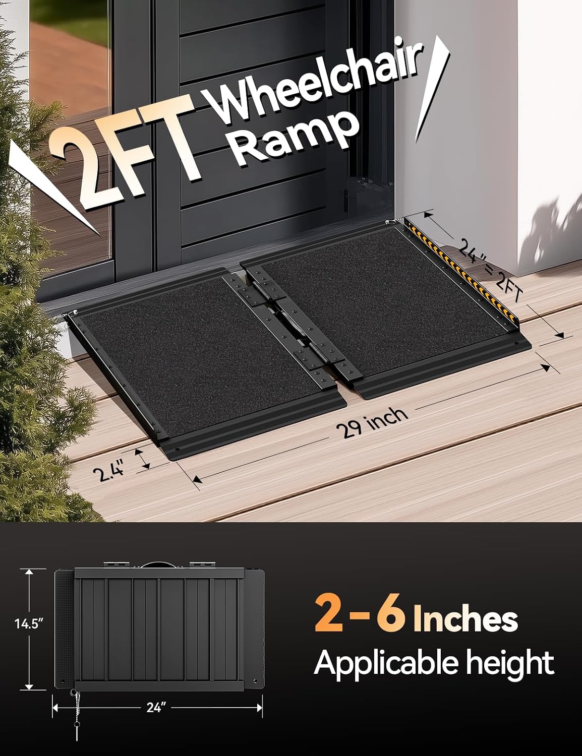 FACHNUO 2FT Wheelchair Ramp for Threshold 2-6 inches, Safe Use at Night