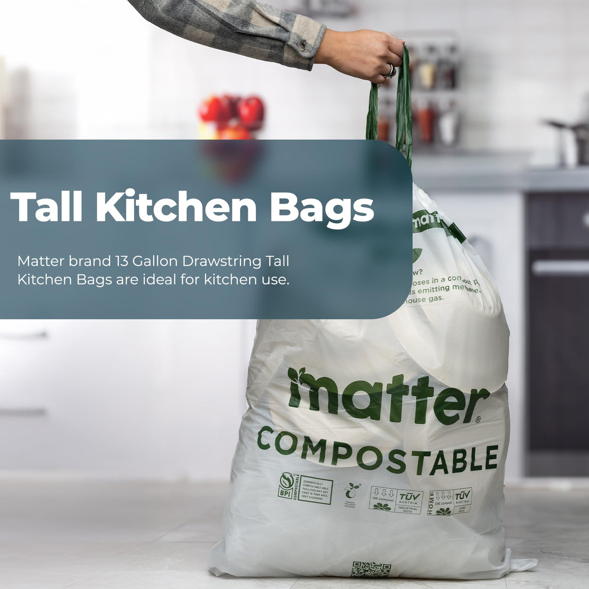 Compostable 13 Gallon Tall Trash Bags, 60 Count, Made From Plants