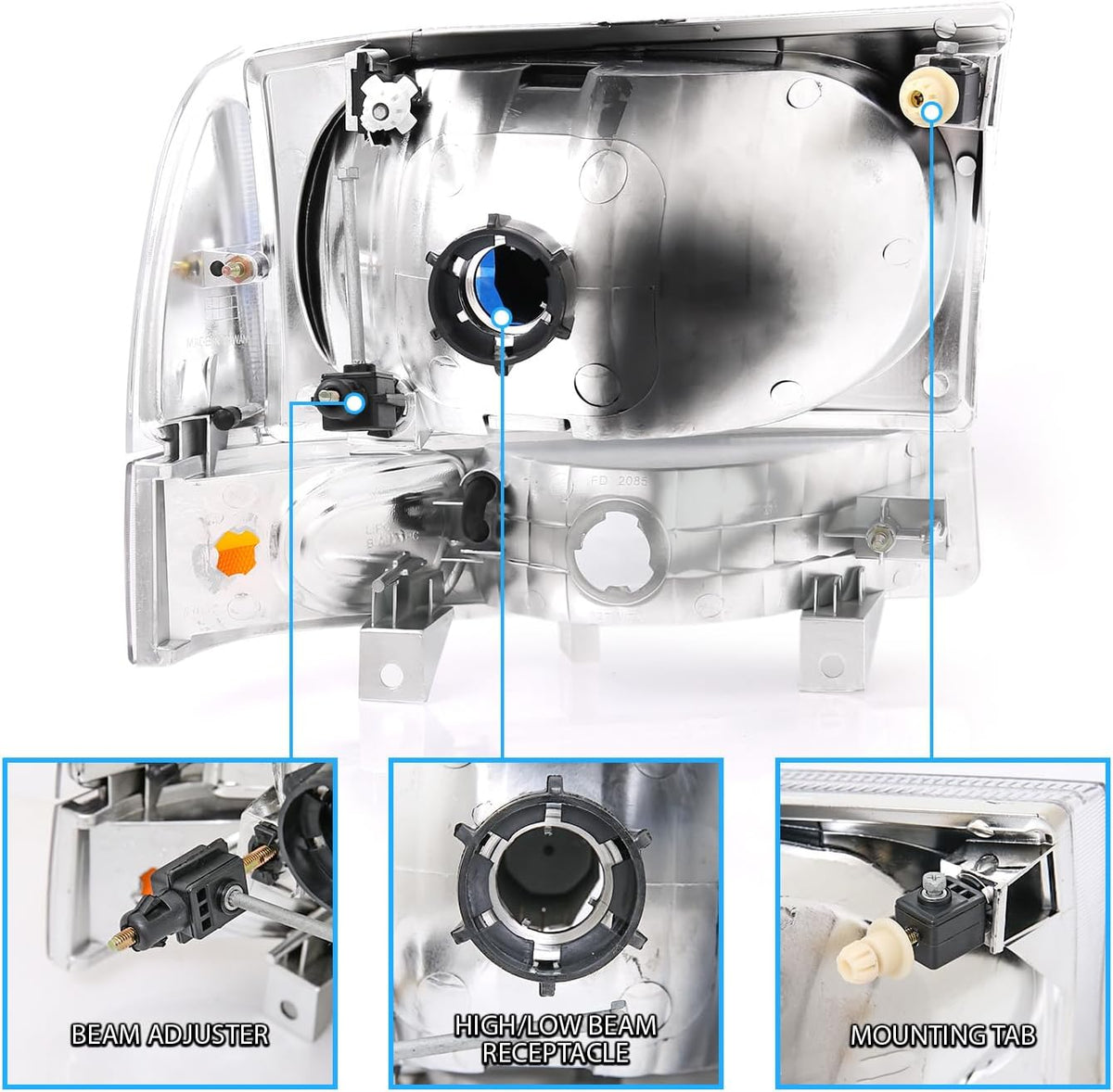 AmeriLite for 1999-2004 Ford Super Duty F250 F350 F450 F550 | Excursion Factory Style Gun-Metal Replacement Headlights w/Corner Bumper Set - Passenger and Driver Side
