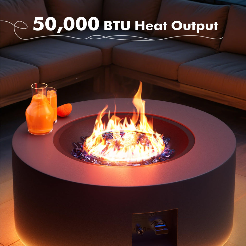 30" Round Outdoor Propane Fire Pit Table with LED for Outside Patio