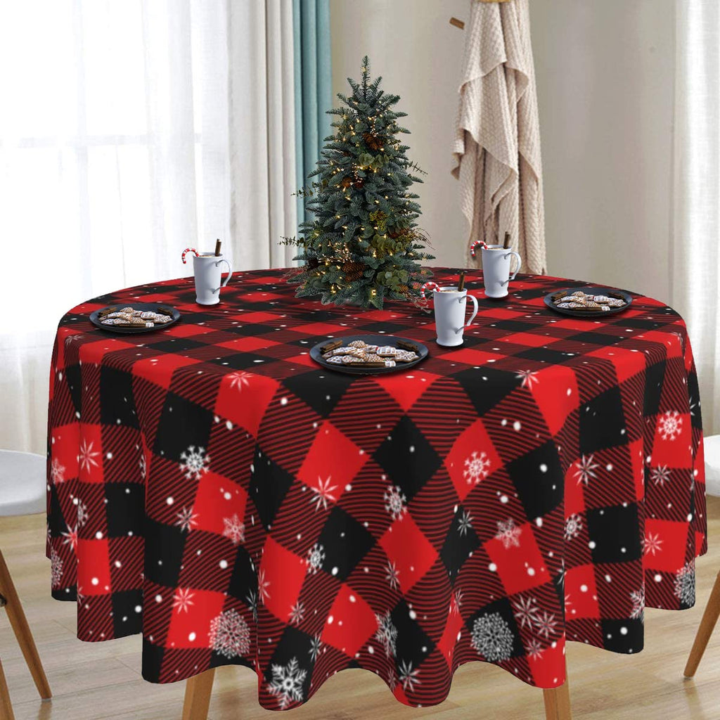Christmas Snowflake Tablecloth 60 Inch Round, Red Black Buffalo Plaid Cover