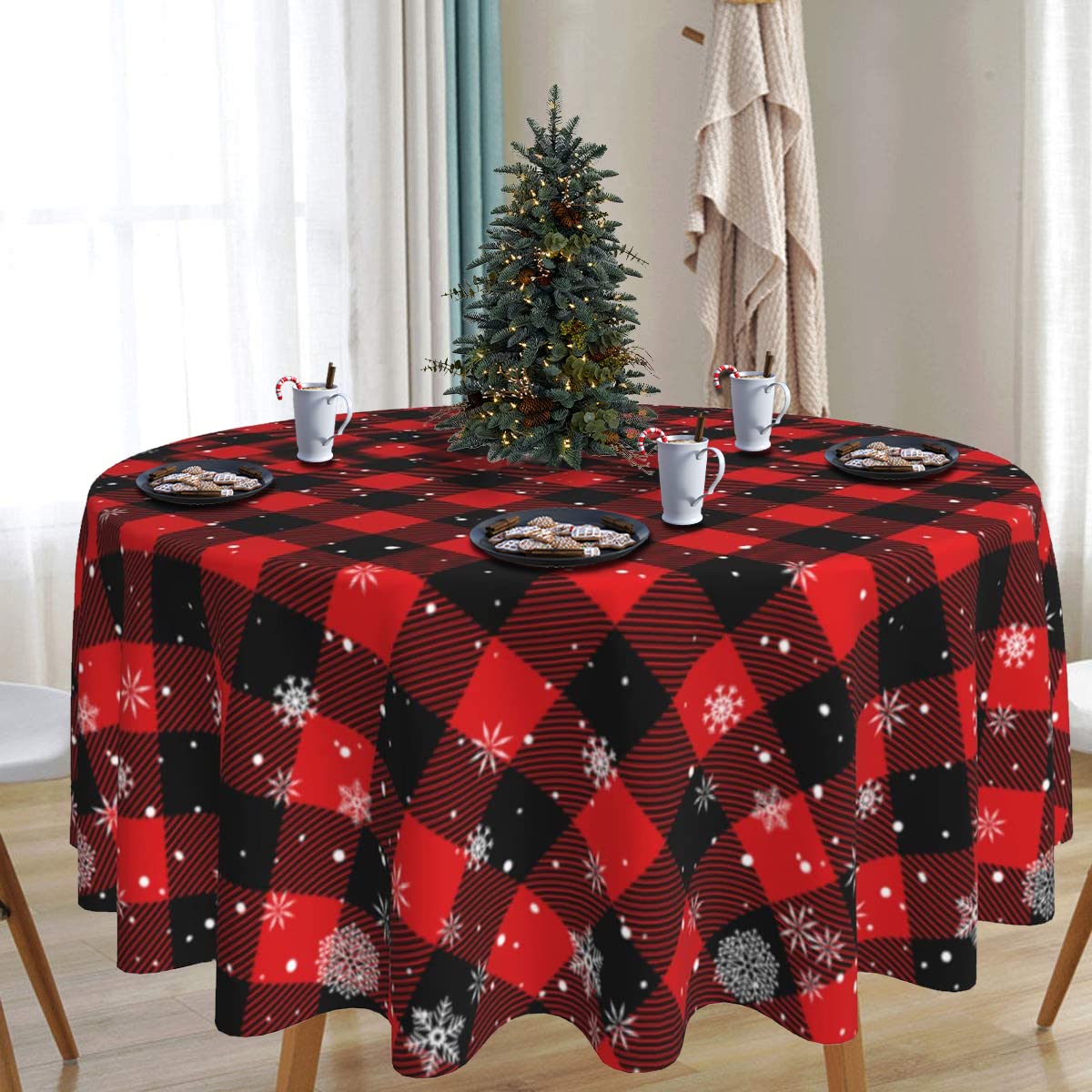 Christmas Snowflake Tablecloth 60 Inch Round, Red Black Buffalo Plaid Cover