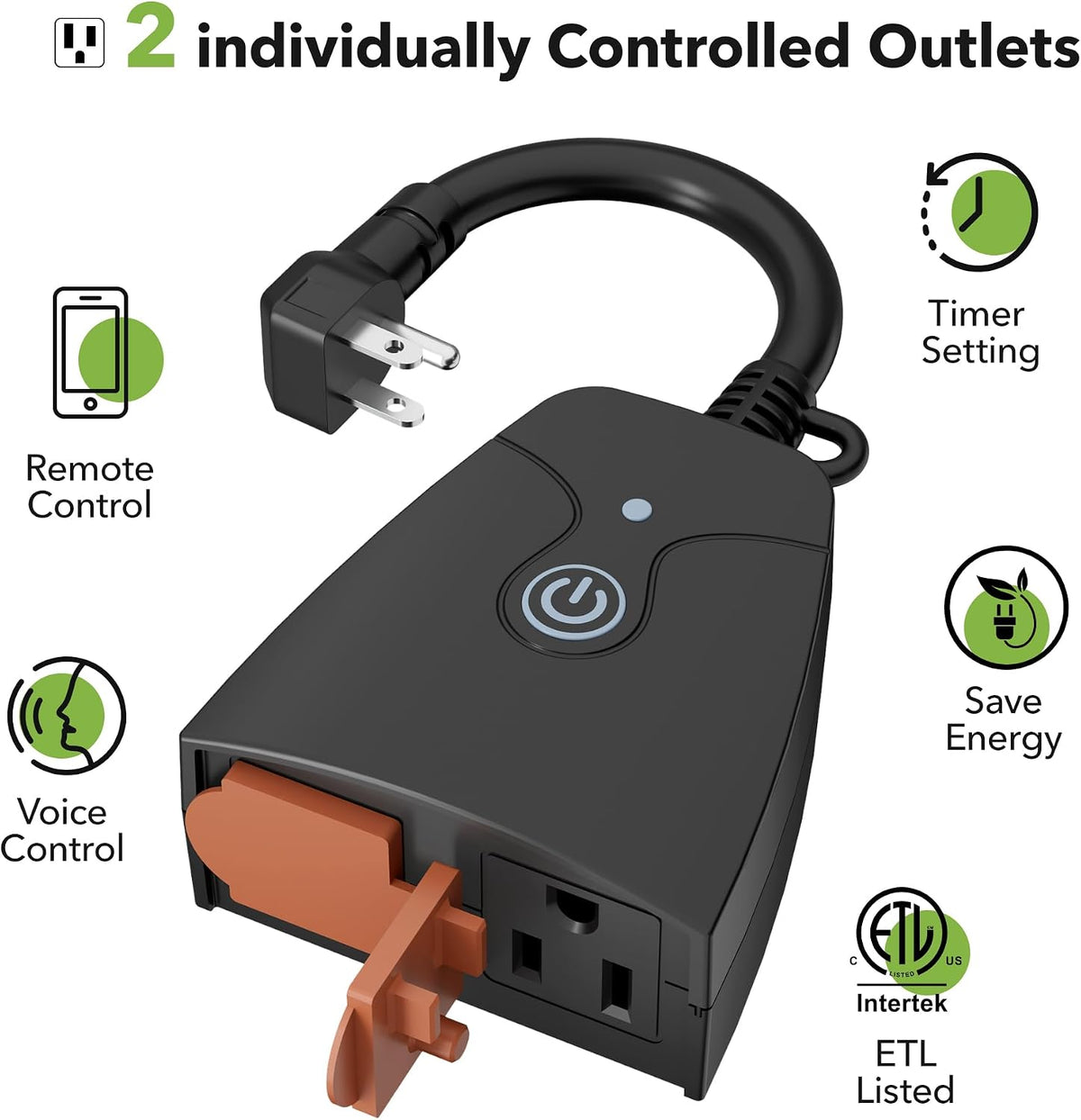 Outdoor Smart Plug, WiFi Heavy Duty 2 Outlet Timer, 1 Pack, 2.4GHz | IP44 Weatherproof Timer Outlet with App Wireless