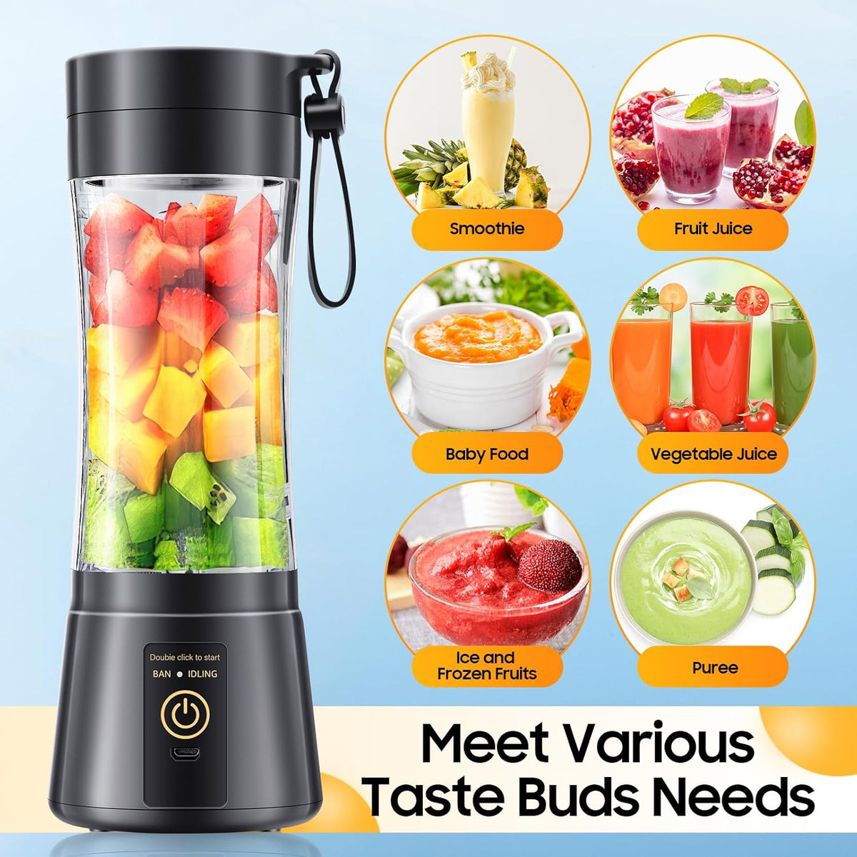 Personal Size Travel Portable Blender - Mini Shakes & Smoothies Blender | 380Ml BPA Free Cup Small Blender, High