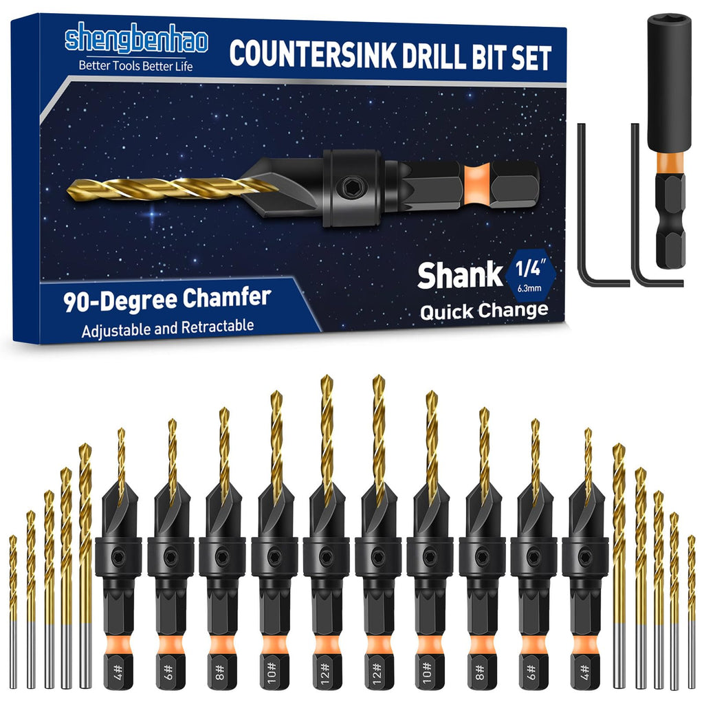 shengbenhao 23Pcs Countersink Drill Bit Set #4#6#8#10#12 Adjustable