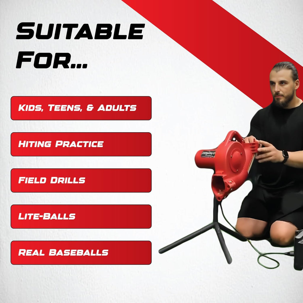 Sports Base Hit Adjustable Real Baseball Pitching Machine – 45 MPH Pitching Speed, Includes Automatic Ball Feeder |