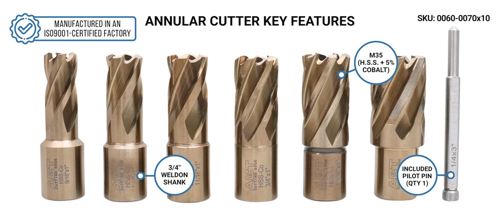 Accusize Industrial Tools 9/16" to 15/16", 7 Pc M35(H.S.S. Plus 5% Cobalt) Annular Cutter Set, 3/4'' Weldon Shank, 1'' Cutting, a Pilot, AC01-1000