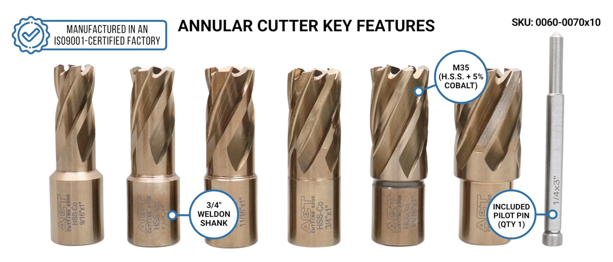 Accusize Industrial Tools 9/16" to 15/16", 7 Pc M35(H.S.S. Plus 5% Cobalt) Annular Cutter Set, 3/4'' Weldon Shank, 1'' Cutting, a Pilot, AC01-1000
