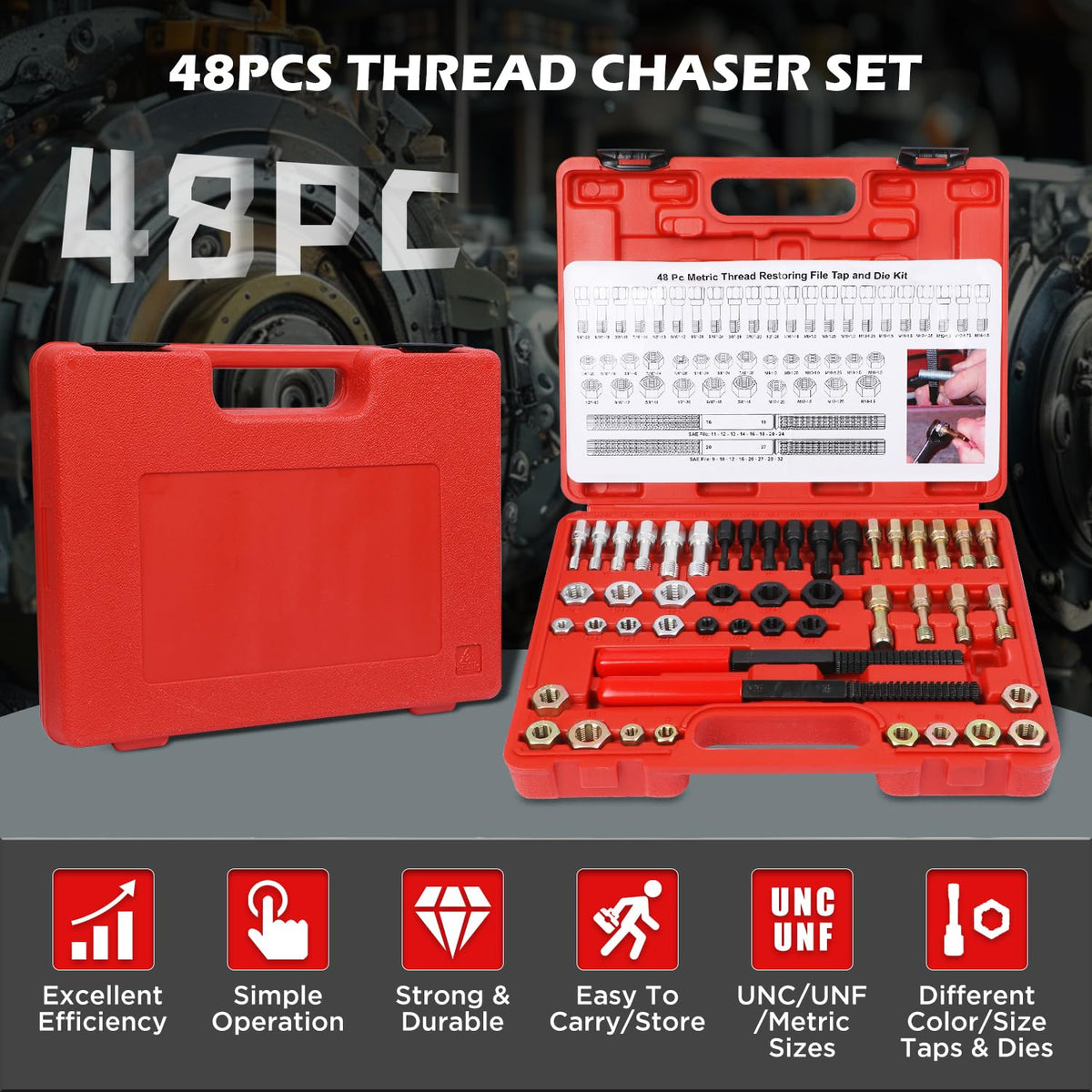 48PCS Universal Thread Chaser Set - Metric & SAE Thread Repair Kit - Includes 2PCS Files, 24PCS Dies & 22PCS Taps - Restorer Kit with UNC/UNF Sizes