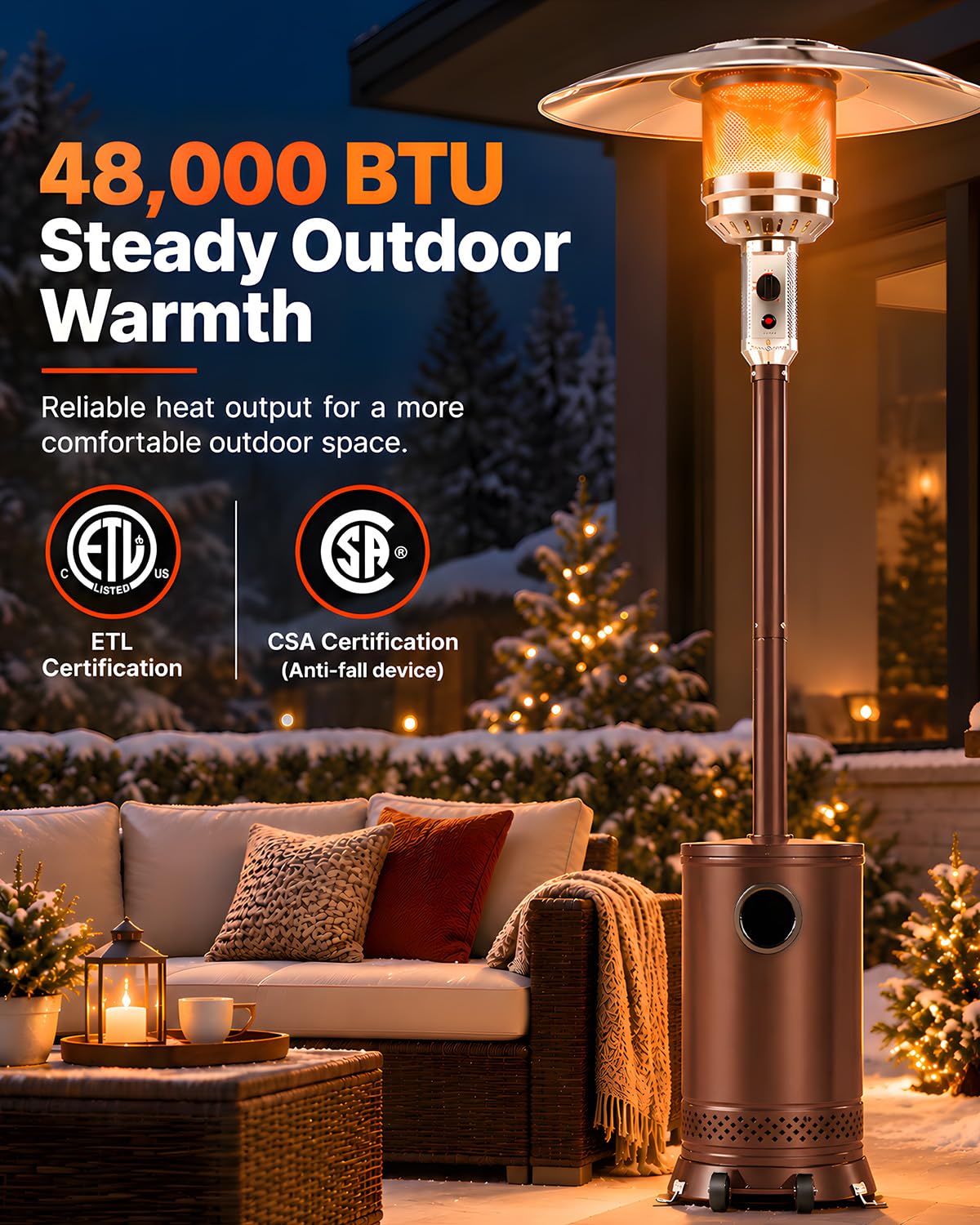 48,000 BTU Patio Heater, Outdoor Propane Heater with Wheels, Gold