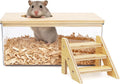 Hamster Sand Bath Box with Wood Cover, Rectangle Clear Hamster Digging Sand Container with Climbing Ladder