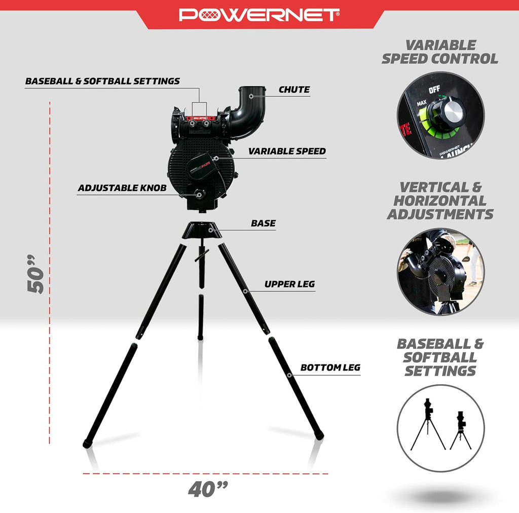 Launch F-lite Softball & Baseball Pitching Machine, Dimpled Practice Balls, Bucket of Baseballs, Coaching Bucket