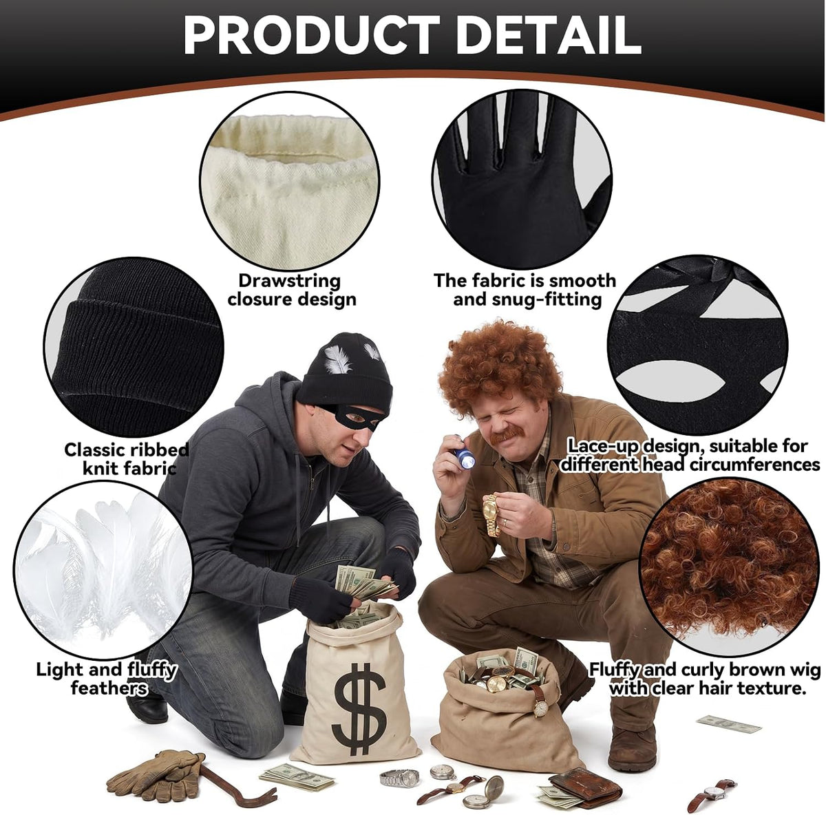 Robber Costume Accessory Halloween 7Pcs Bank Thief Money Bag Hat Wig | Money Bag, Bat Eye Mask, Beanie Hat, Gloves
