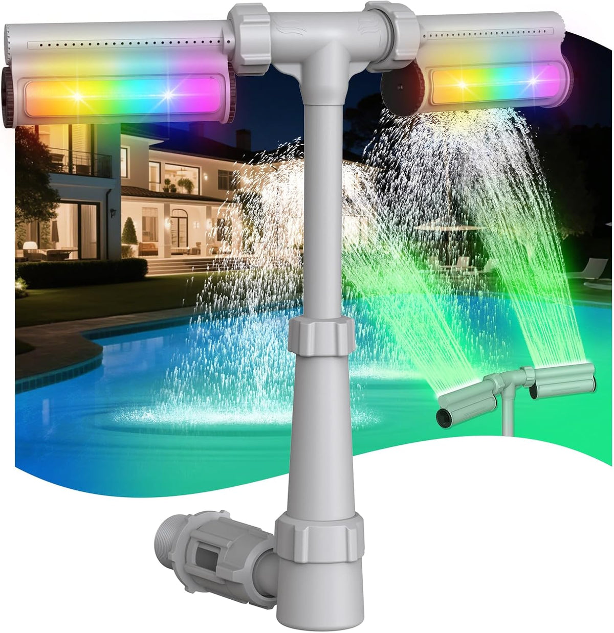 Swimming-Pool Waterfall Fountain w/Colorful Led-Lights - 7 Color Changing Above/Inground Pool Fountain Lights with