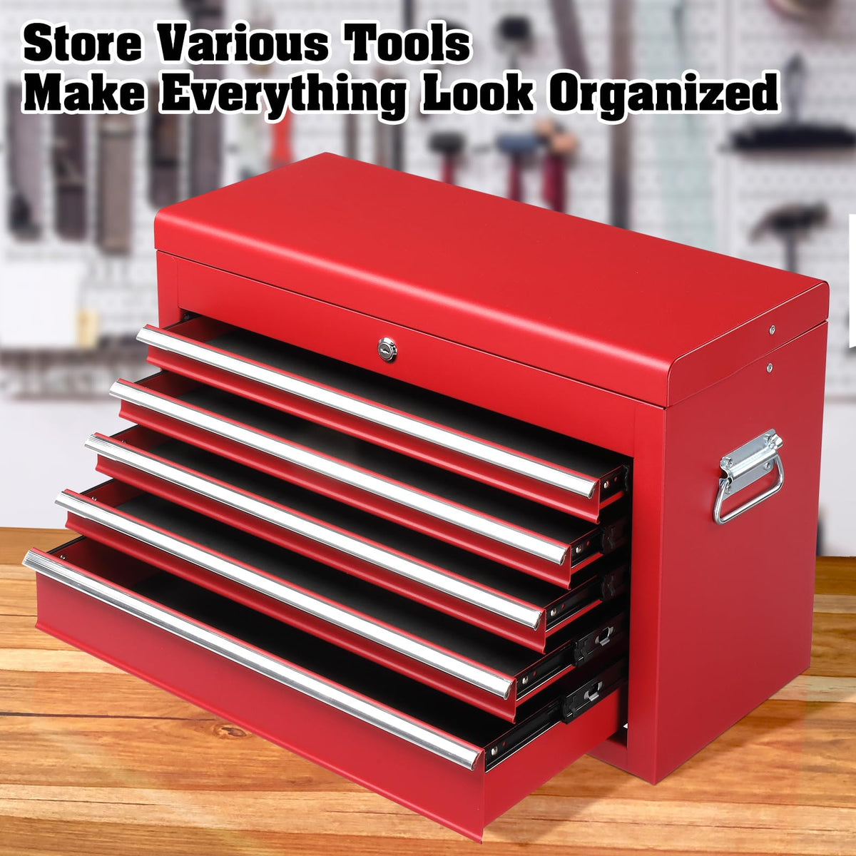 24" Metal Portable Tool Box with 5 Drawers, Lockable, Red
