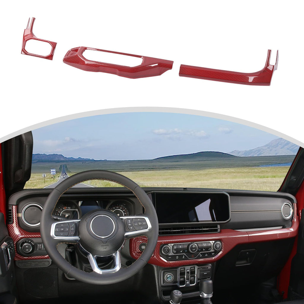 CheroCar for JL Center Console Headlight Air Conditioning Control Panel & Co-Pilot Handle Panel Interior Accessories fit for Jeep Wrangler JL JLU 2024+,Red Carbon Fiber