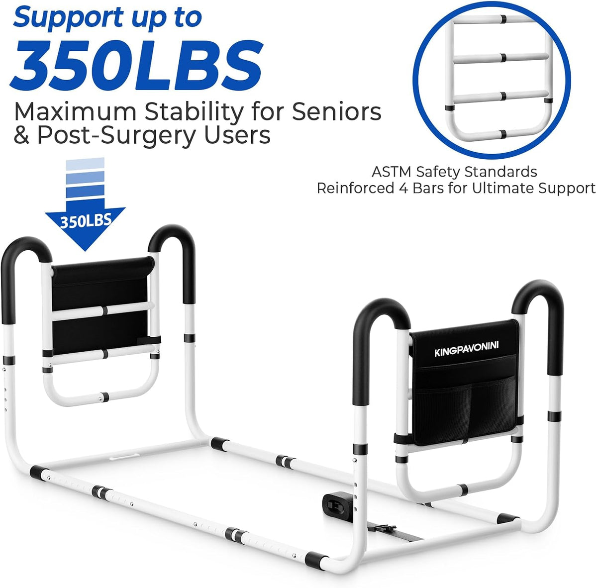 KingPavonini Dual Side Bed Rails for Seniors, 350 LBS Capacity, Model BM10