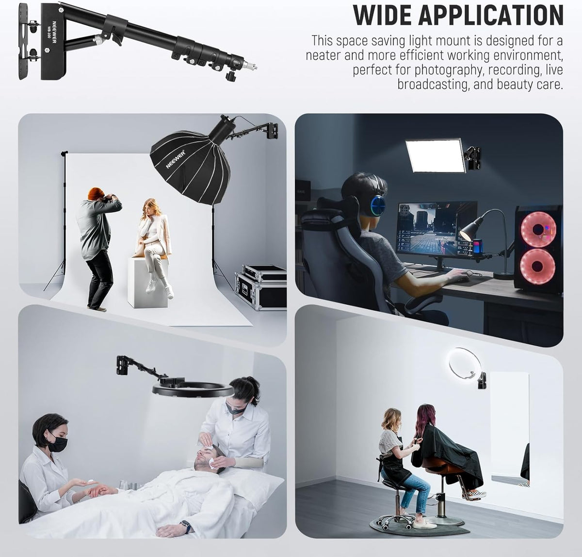 Ring Light Wall Mount Boom Arm, 22"-46"/55-116cm, Aluminum Alloy | 180° Swivel, Triangle Light Wall Mounting, for