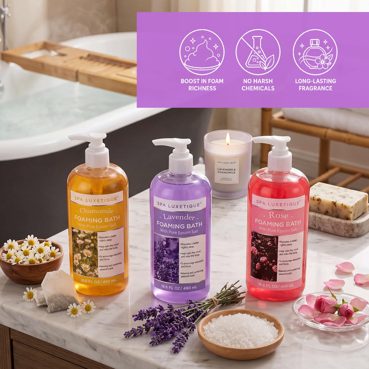 Bubble Bath, Foaming Bath with Epsom Salt, Chamomile Rose and Lavender Scent Bathing Set, 3 Pack 49.8 fl oz Mothers