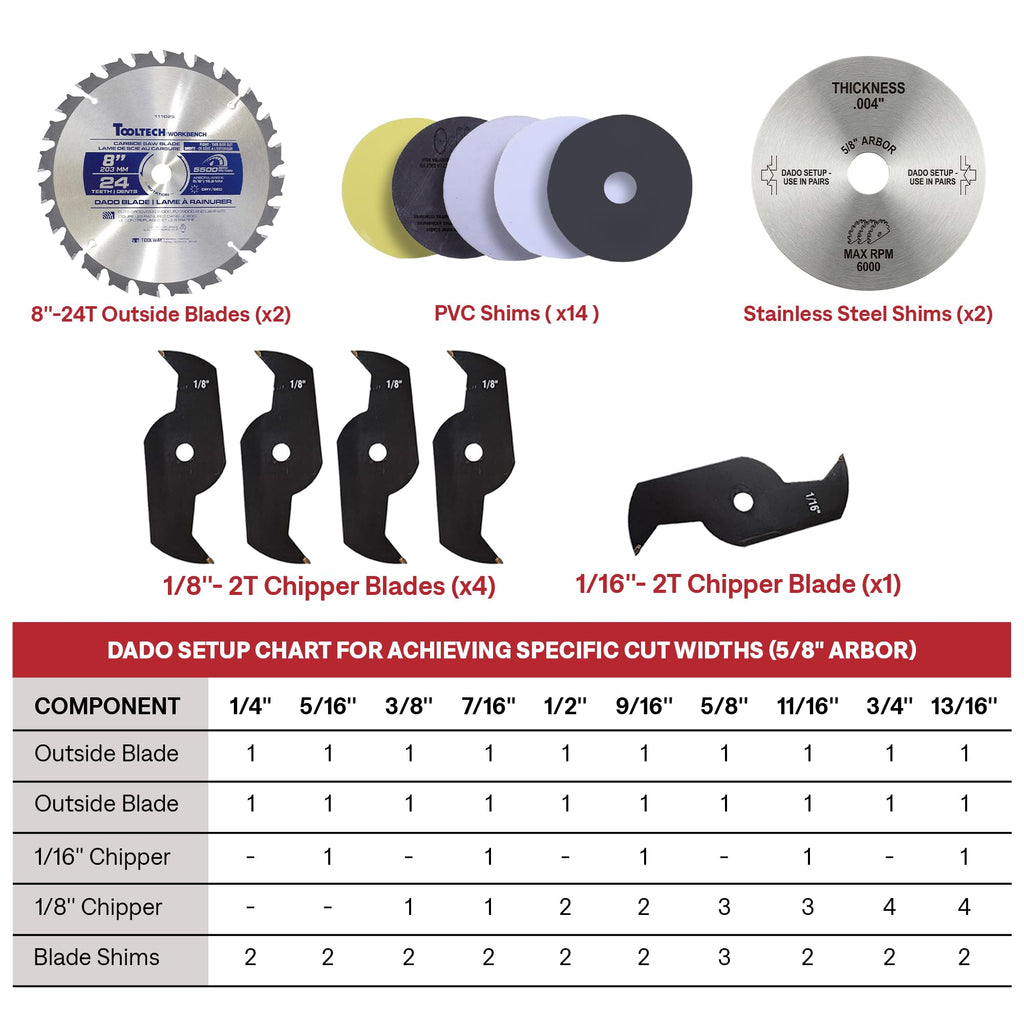 Tooltech 8 Inch Stacking Dado Blade Set for Table Saw, 24 Tooth Carbide Dado Blades, 23 Piece Adjustable Dado Set 1/4 to 13/16 Inch, 5/8 Inch Arbor 5500 RPM with Storage Case