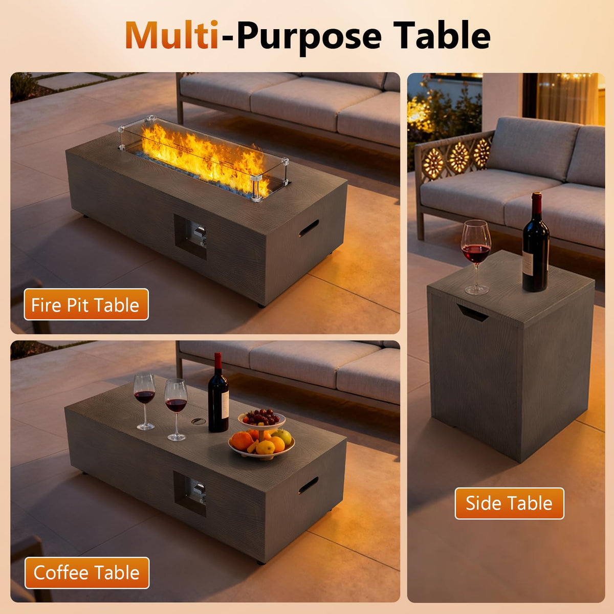 2-Piece 42" Rectangular Propane Fire Pit Table for Outside Patio 50,000 BTU
