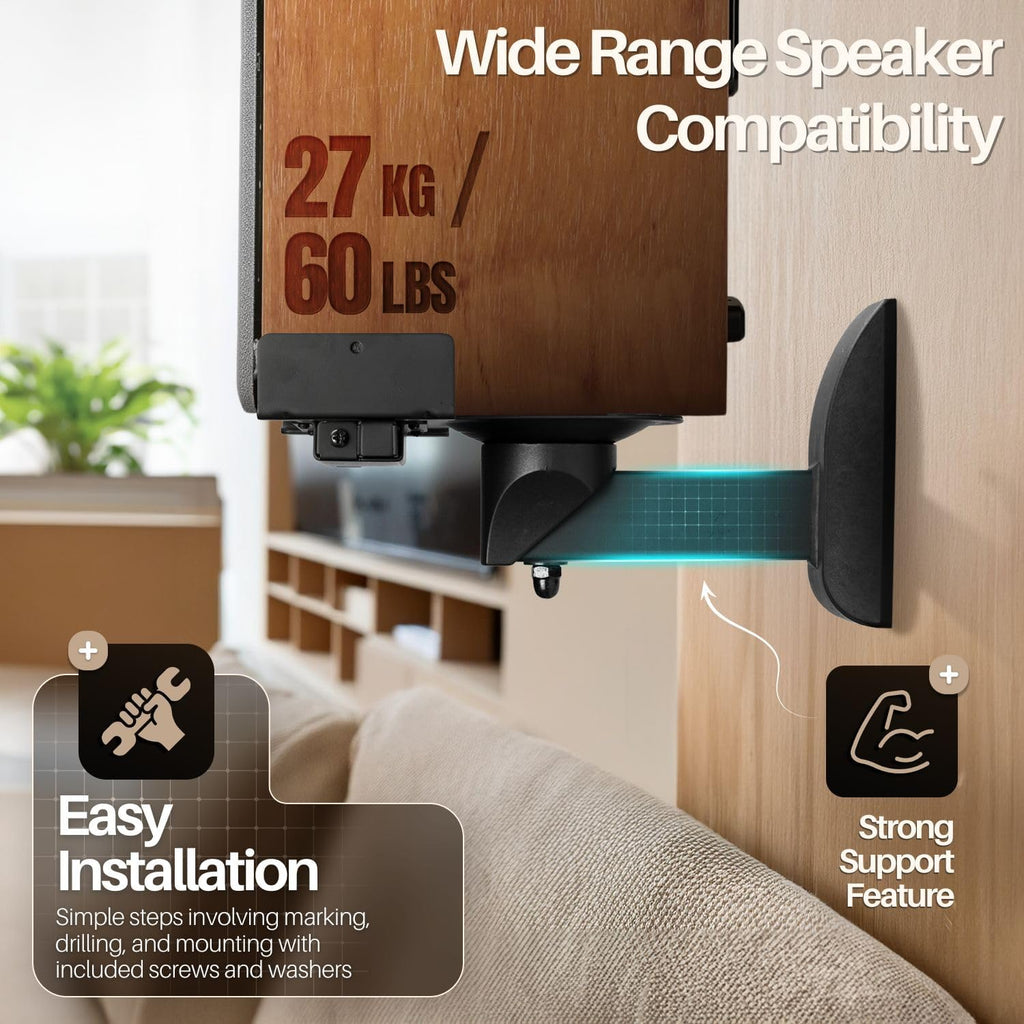 TNP Bookshelf Speaker Wall Mounts, Dual Side Clamps, 55 lb, 2 Pack, Black | Rear Surround Sound Speaker Mounts Fit