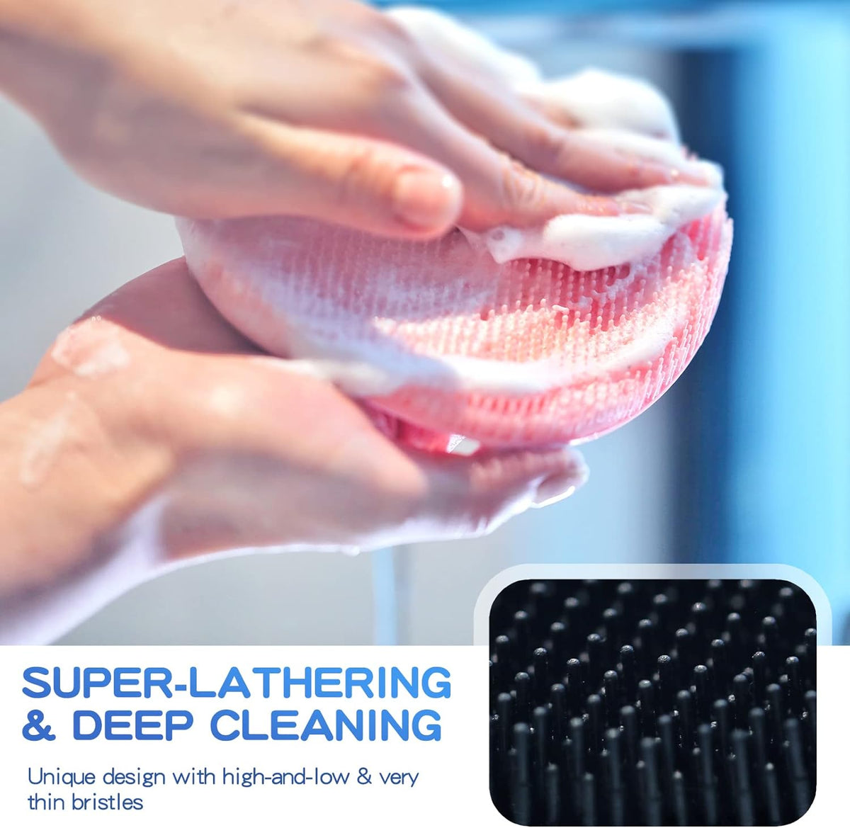 Silicone Back Scrubber(Thick Bristles) & Soft Bath Glove Set, Super-Exfoliating Body Scrubber & Super-Lathering