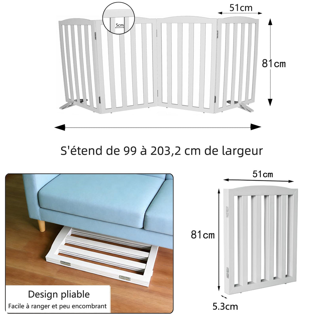 Freestanding Solid Wood Folding Pet & Dog Barrier Gate with Support Feet for Wide Indoor Openings, Hallways & Stairs — White