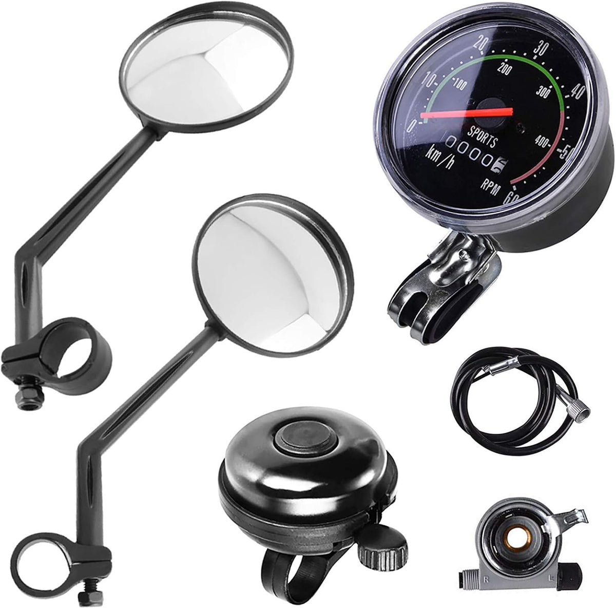 4 Pieces Bike Accessories Including 2 x Bicycle Rear View Mirrors 1 x Classical Old School Style Bike Speedometer