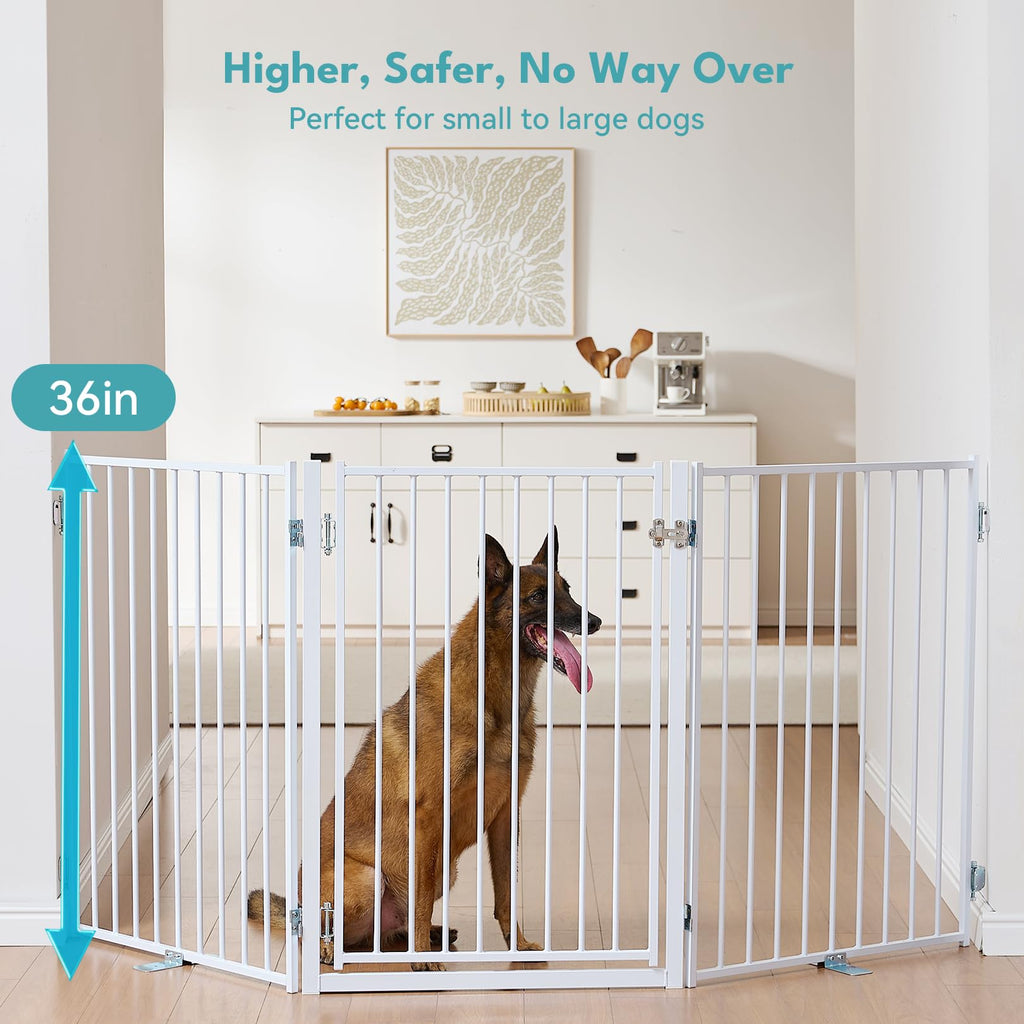 Freestanding Heavy-Duty Steel Folding Pet & Dog Barrier Gate with Walk-Through Swing Door for Wide Indoor Openings, Hallways & Stairs