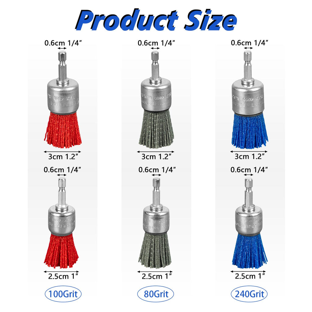SALI 6 Pack Pen Brush Nylon Filament Abrasive Wire Brush Wheel with 1/4 Inch Hex Shank, 2 Sizes Nylon Drill Brush Set for Removal of Rust Corrosion Paint