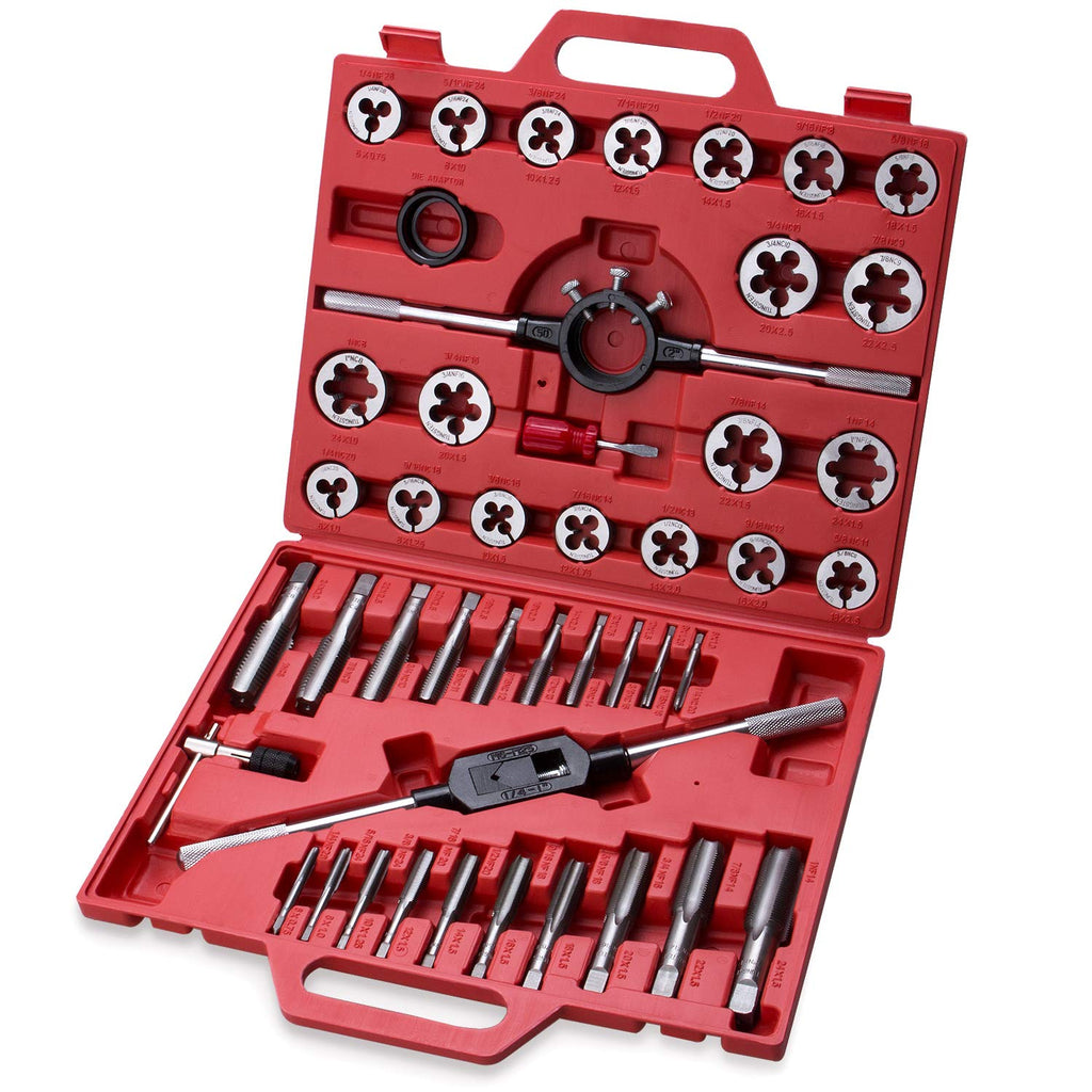 45-Piece Premium Large Size Tap and Die Set - SAE 1/4, 5/16, 3/8, 7/16, 1/2, 9/16, 5/8, 3/4, 7/8, 1”, Both Coarse and Fine Teeth | Essential Threading and Rethreading Tool with Handle Wrench and Case