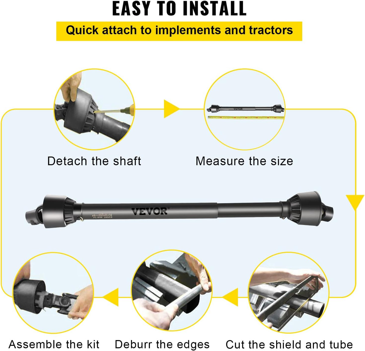 PTO Shaft, 1-3/8" PTO Drive Shaft, 6 Spline Tractor End and Round Implement End PTO Driveline Shaft, Tractor PTO