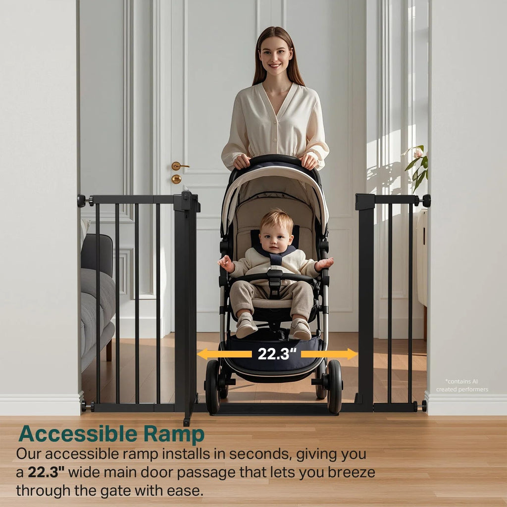 30-48" Adjustable Hardware/Pressure-Mounted Pet & Child Safety Gate with Auto-Close Walk-Through Door for Stairs, Hallways & Wide Doorways — Black