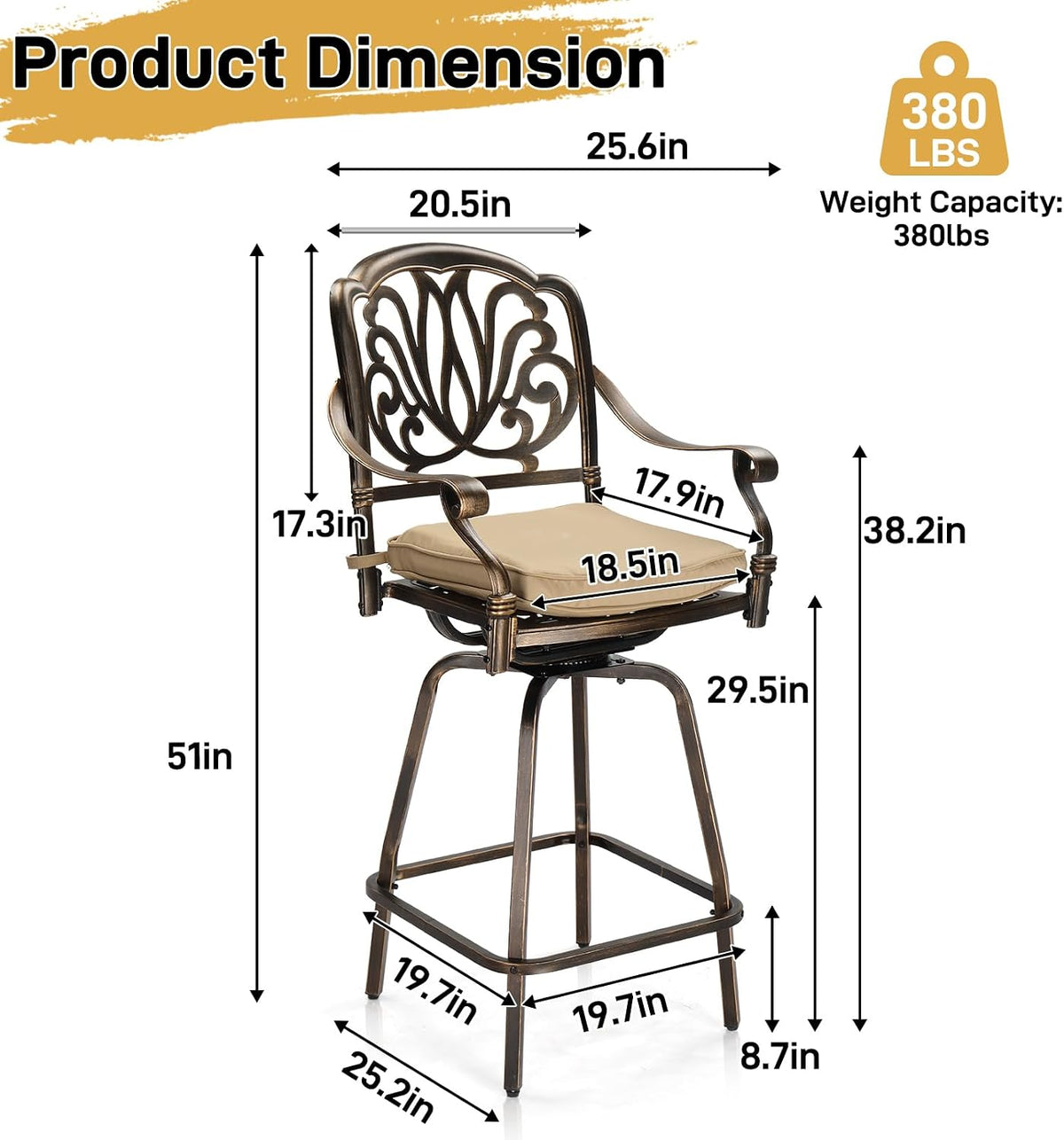 Outdoor Swivel Bar Stools Set of 2, Cast Aluminum Patio Bar Height Chairs, All-Weather Bar Dining Chairs Outdoor