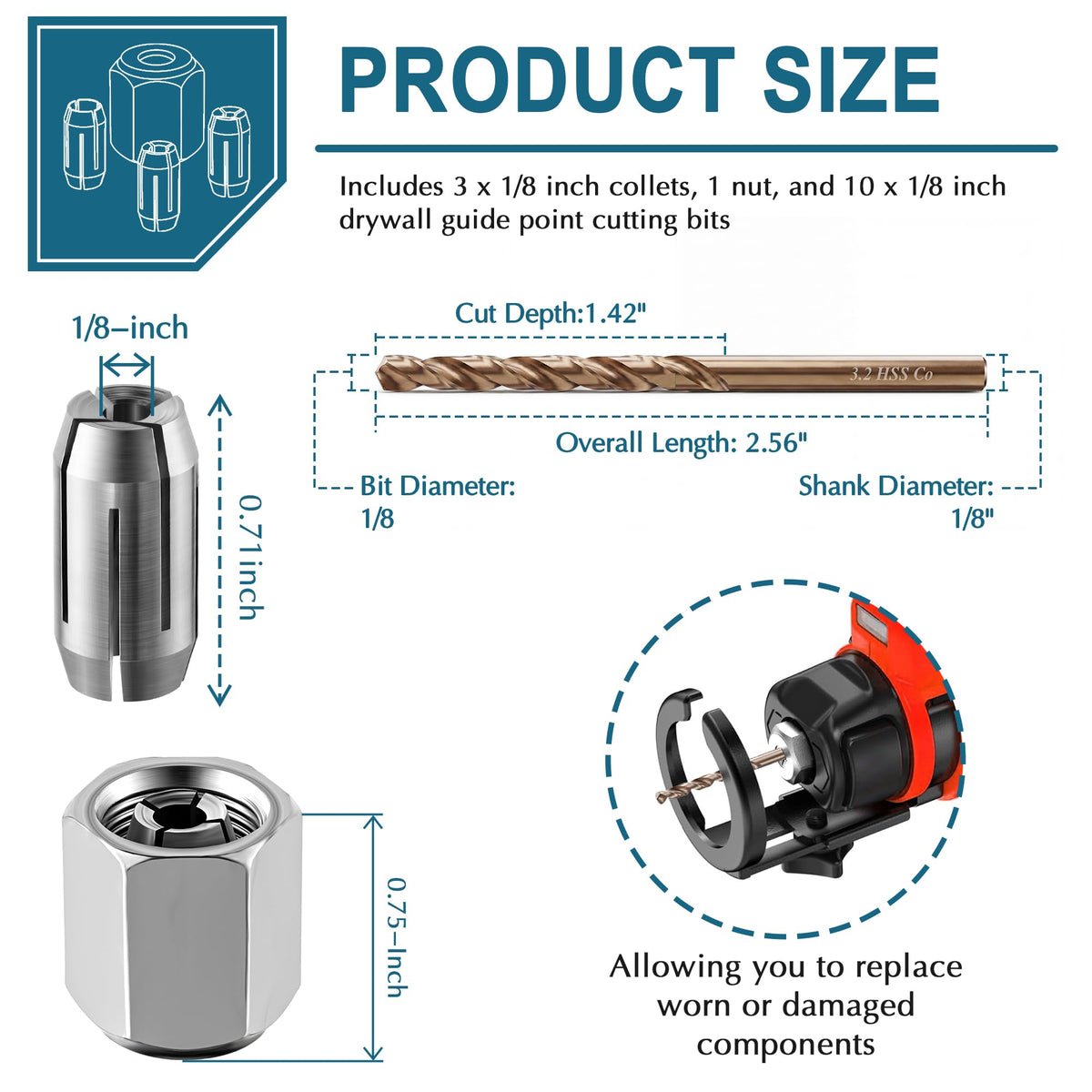 Dreyoo 1/8" Replacement Collet and Nut Kit Compatible with CN1