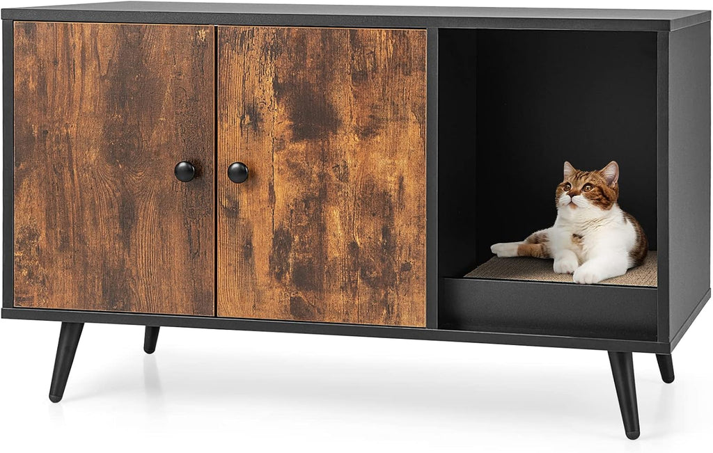 Litter Box Enclosure, Wooden Hidden Litter Box Furniture with Cabinet & Scratching Pad, Stackable Cat Washroom Pet
