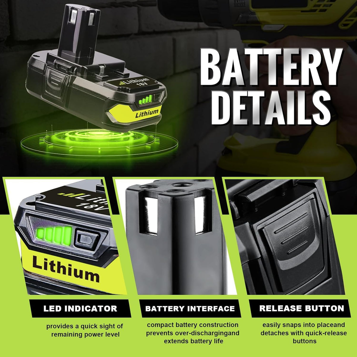 【2-Pack】 4.0Ah Lithium-Ion Battery for Ryobi 18V Tools, Replacement for P107 P108, Compatible with All Ryobi 18V