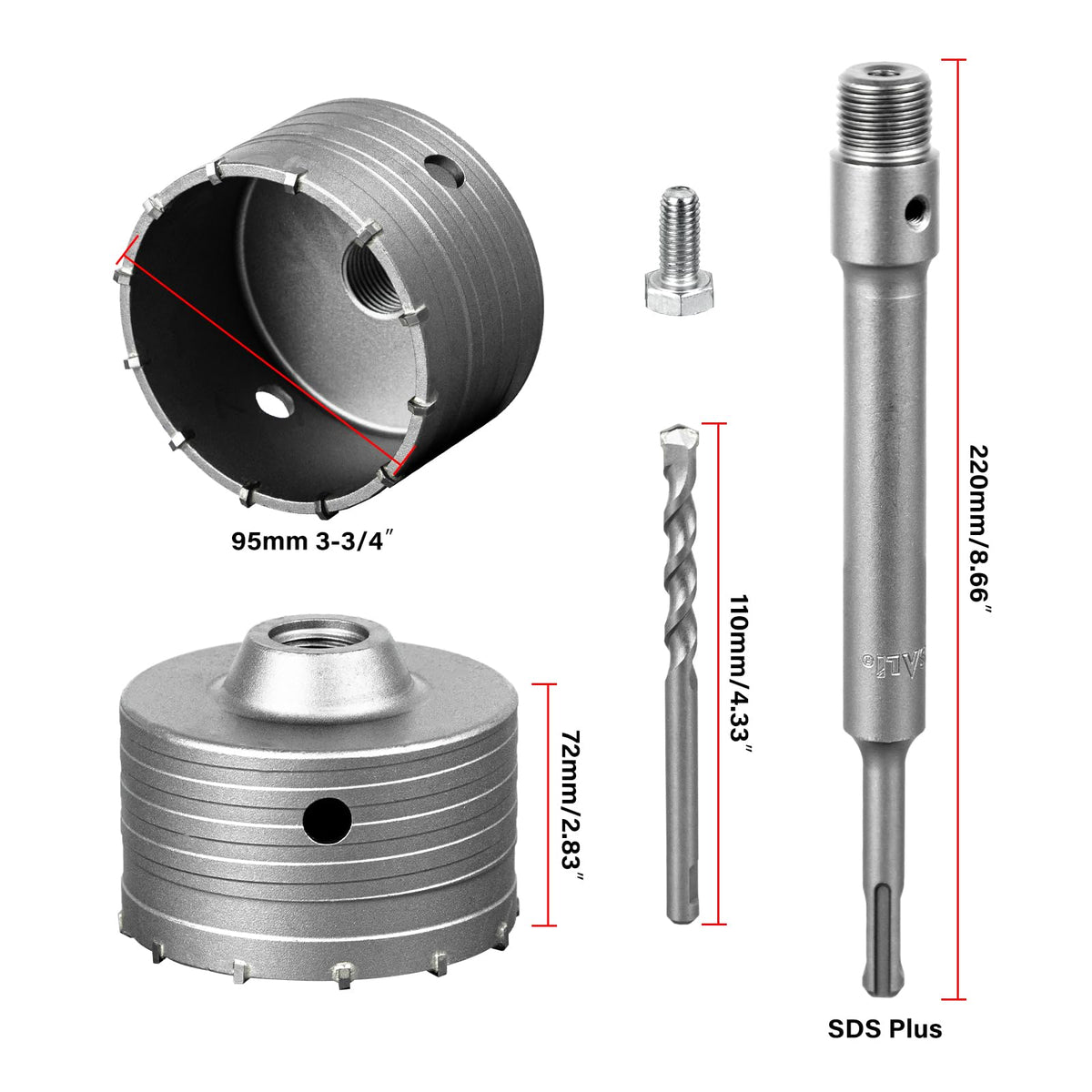 SALI Concrete Hole Saw Kits 3-3/4"（95mm） Tungsten Steel Wall Hole Cutter Drill Bit Sets with 220mm SDS Plus Shank Connecting Rod，110mm Center Positioning Drill Bits for Cinder Block,Brick,Adobe Wall