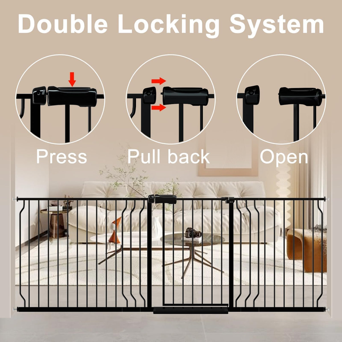 43.3-52.75" x 30" Tall Extra-Tall & Extra-Wide No-Drill Pressure-Mounted Pet & Child Safety Gate with Dual-Lock Walk-Through Swing Door for Stairs, Hallways & Wide Doorways — Black