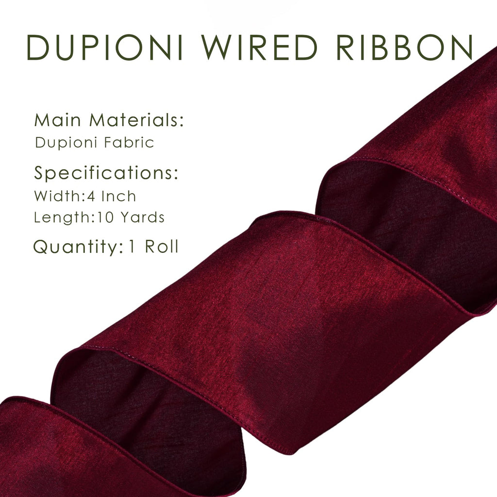 Burgundy Dupioni Wired Ribbon, Christmas Ribbon for Wreaths, Bows