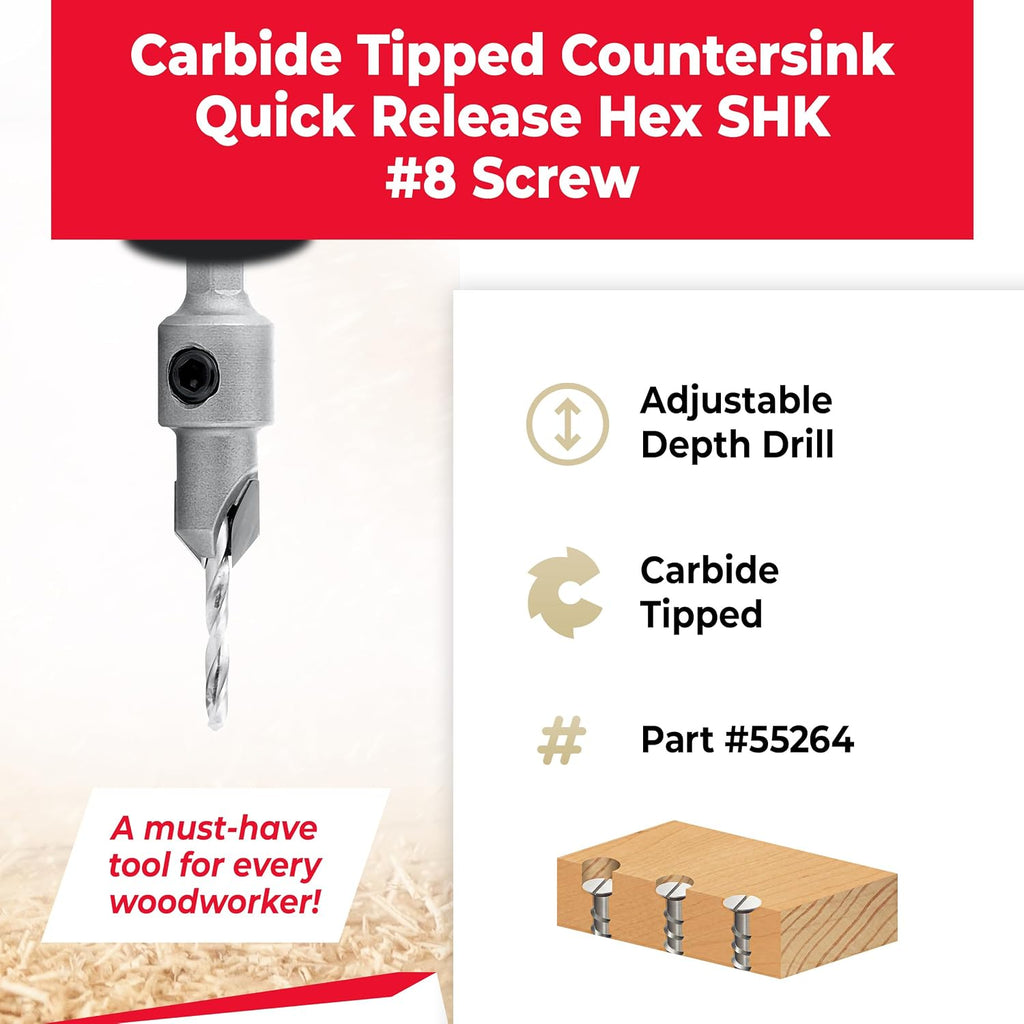 Amana Tool Carbide Tipped 82 Degree Countersink Drill Bit, 55264, 3/8 D x 49 Deg x 1/4 Quick Release Hex Shank for Wood Screw 8