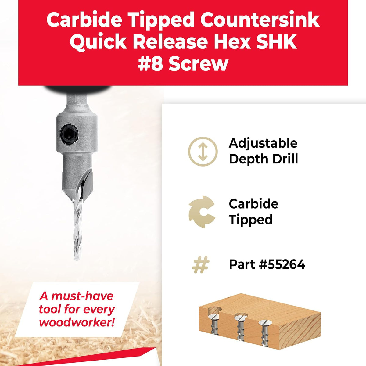 Amana Tool Carbide Tipped 82 Degree Countersink Drill Bit, 55264, 3/8 D x 49 Deg x 1/4 Quick Release Hex Shank for Wood Screw 8