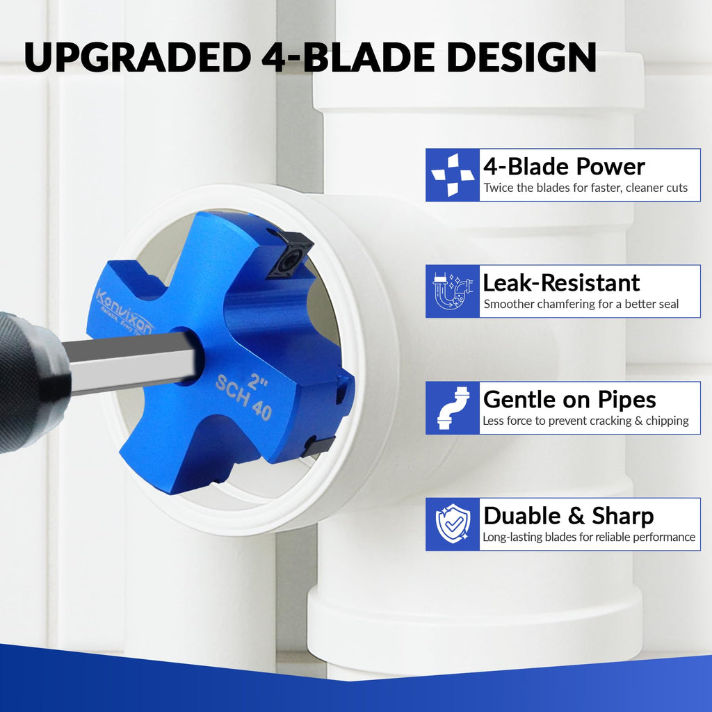 Konvixon 4 Blade 2-Inch PVC Fitting Saver, PVC Pipe Reamer Socket Saver with 3/8 Inch Hex Shaft, Plastic Pipe Fitting Reamer Plumbing Tool for SCH40 CPVC Pipe ABS Socket Hub, Fit Standard 1/2" Drills