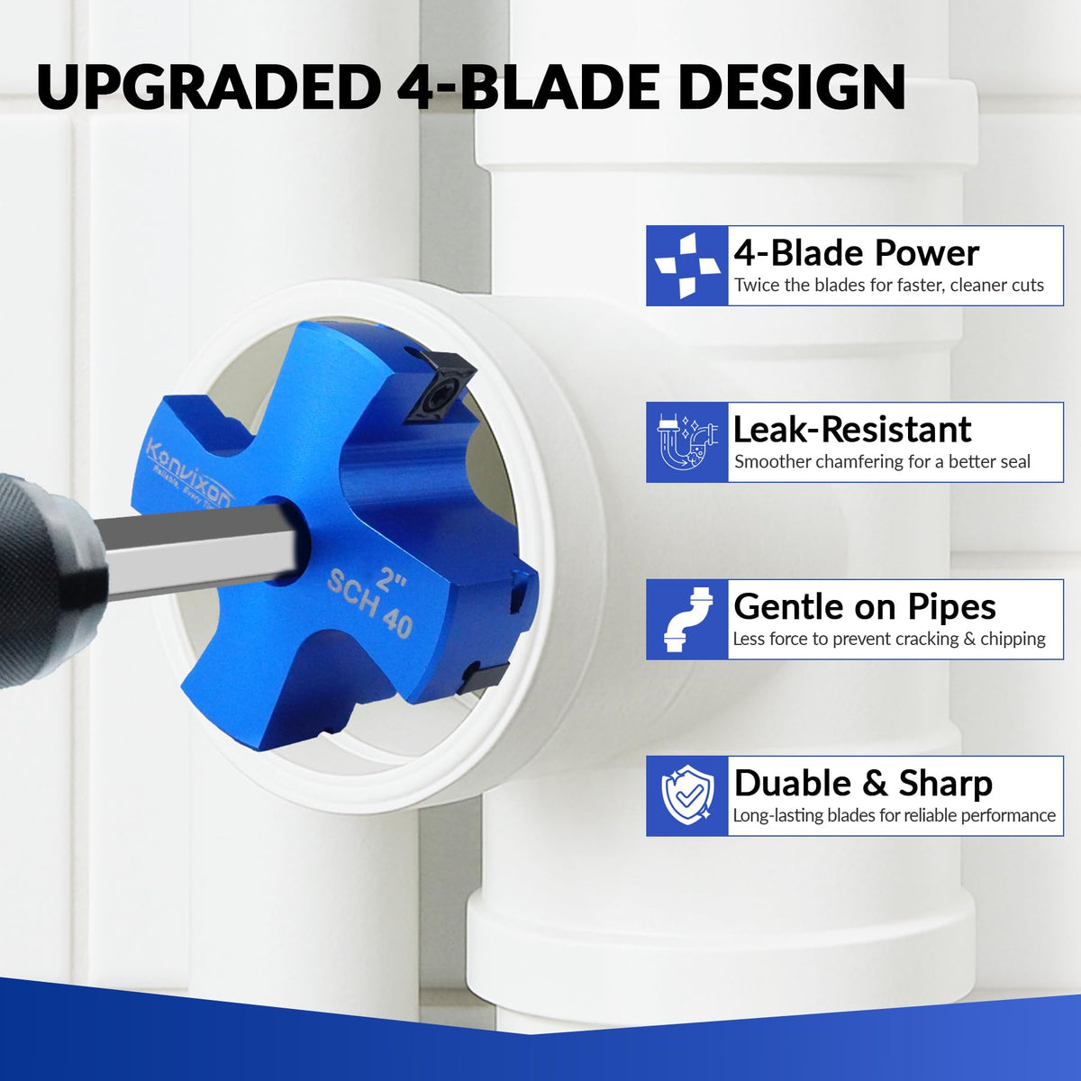 Konvixon 4 Blade 2-Inch PVC Fitting Saver, PVC Pipe Reamer Socket Saver with 3/8 Inch Hex Shaft, Plastic Pipe Fitting Reamer Plumbing Tool for SCH40 CPVC Pipe ABS Socket Hub, Fit Standard 1/2" Drills