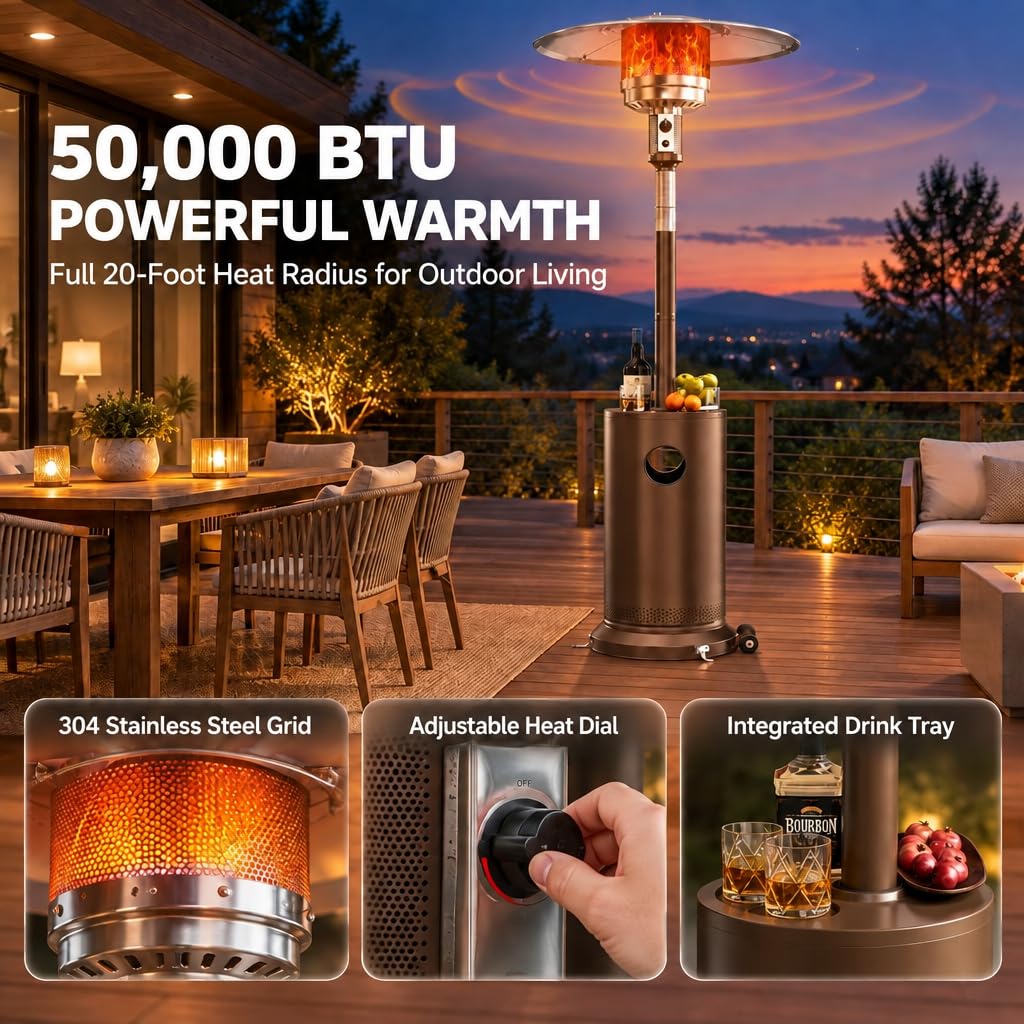 50,000 BTU Propane Patio Heater for Outdoor Use, Wheels, Brown