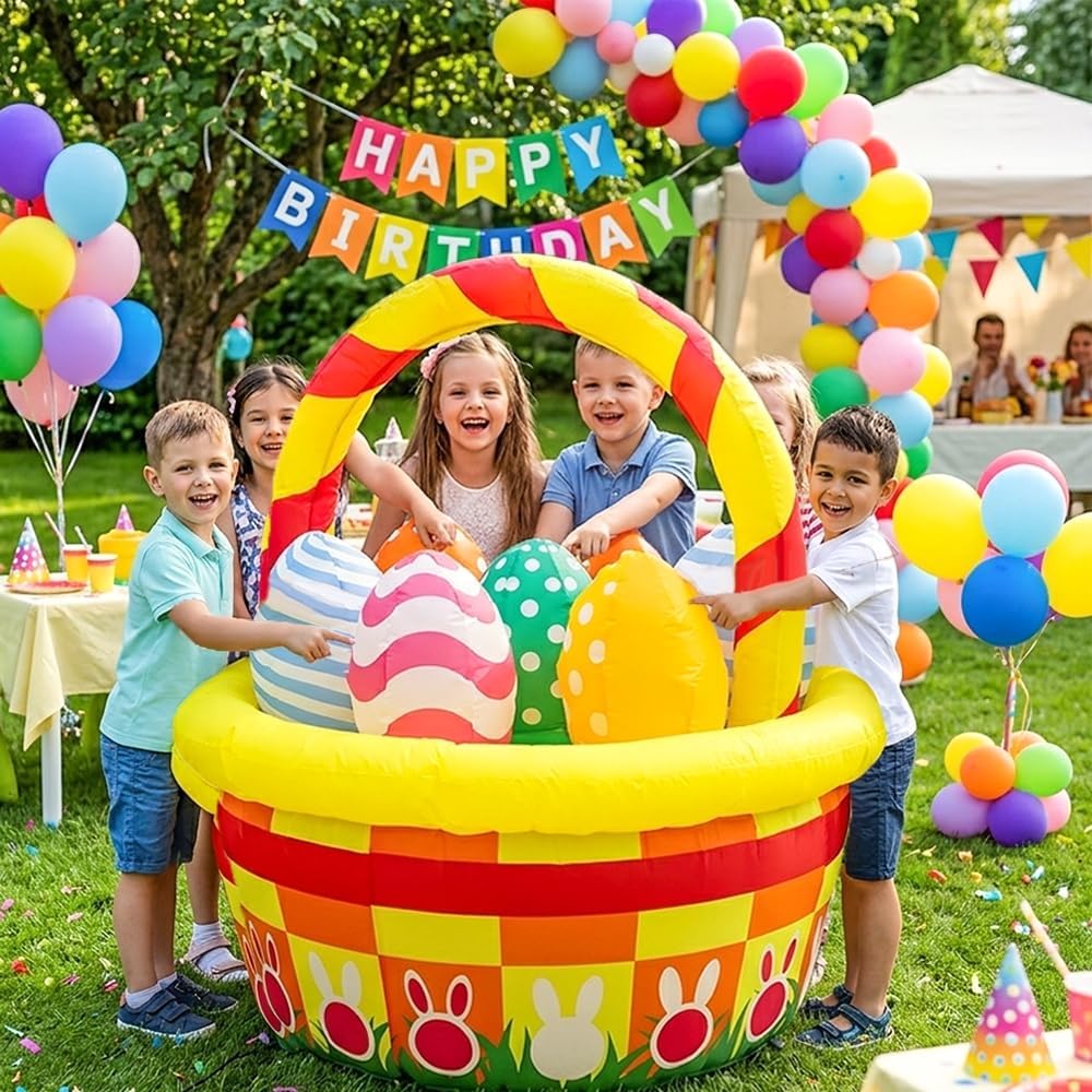 Easter Inflatables Outdoor Decorations - 5 FT Colorful Easter Basket with Eggs Yard Blow Up, LED Lighted Lawn Decor