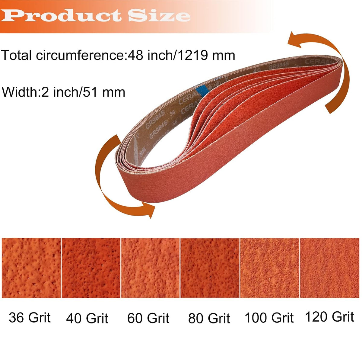 6 Pack 2 x 48 Inch Metal Grinding Ceramic Sanding Belts Kit -36 40 60 80 100 120 Grits Premium Sharpening Sander Belts (2" x 48")