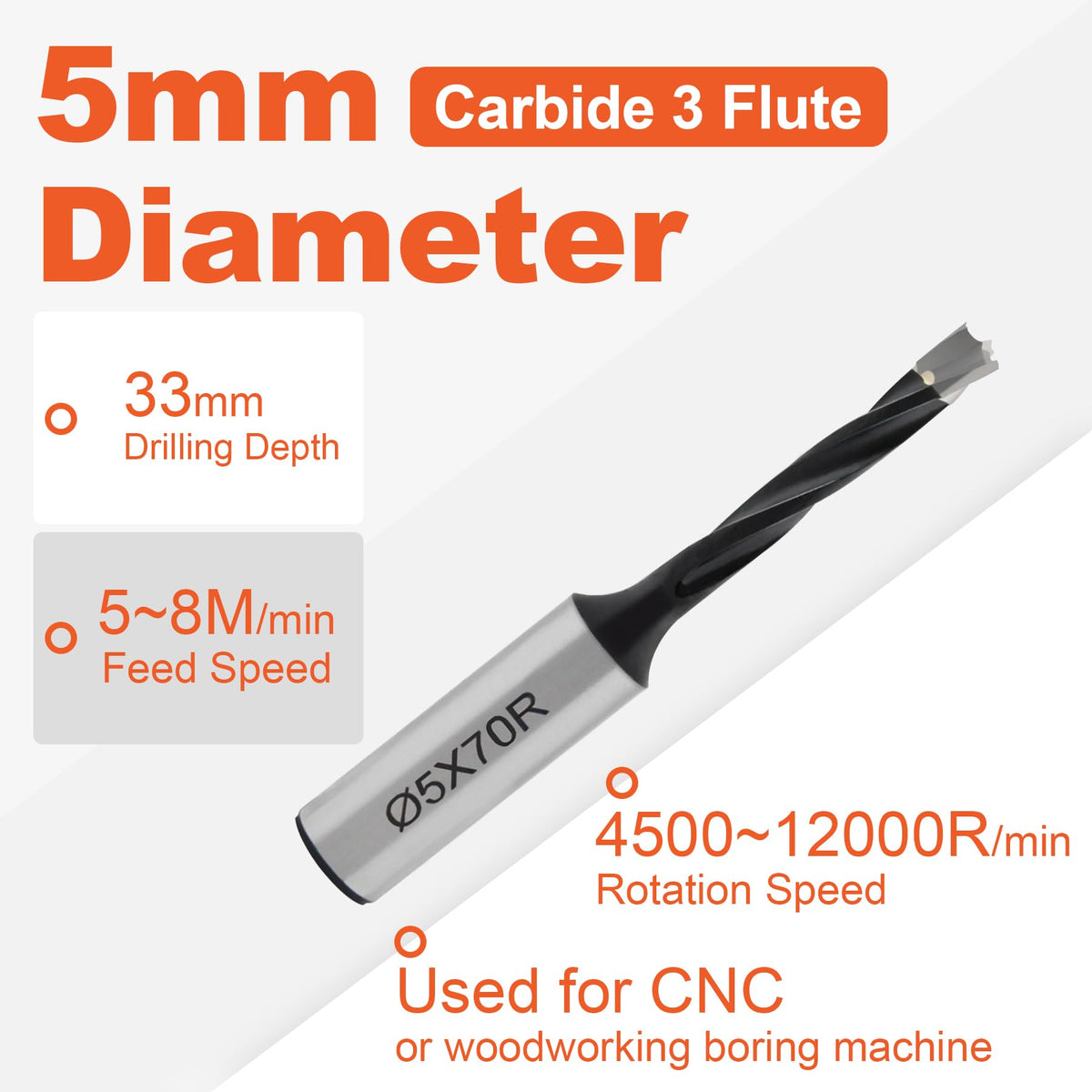 TANOMATE 5mm Diameter Carbide 3 Flute Drills Brad Point Boring Bit, 5mm Dia × 70mm Long × 10mm Shank Left Hand